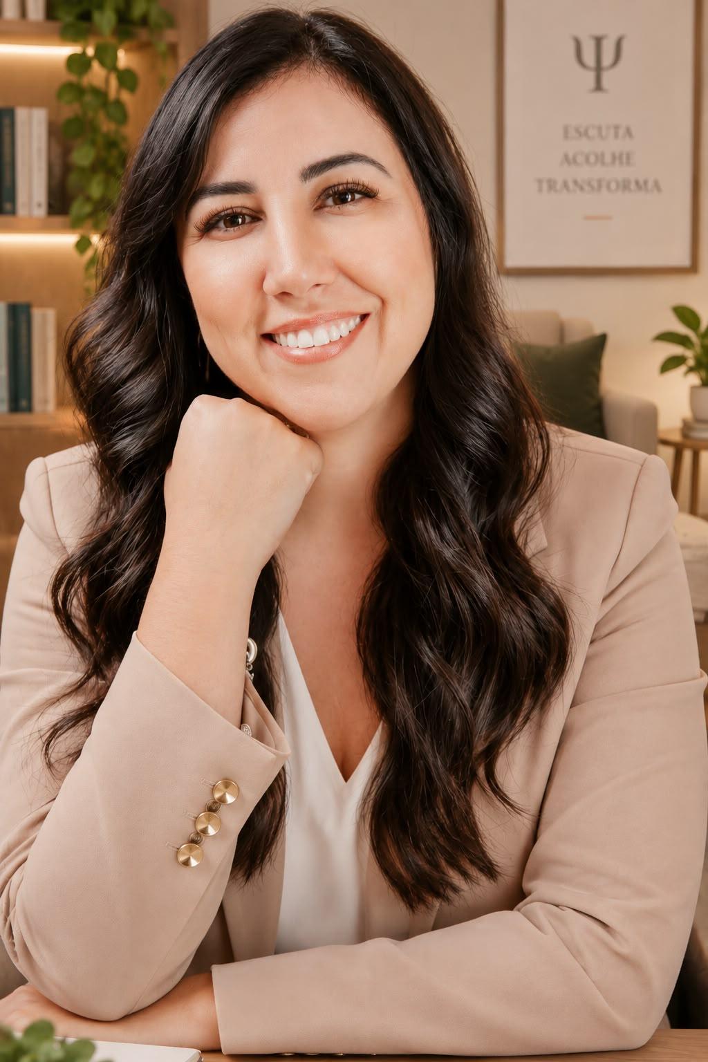 Danielle Saquetto Baruffi, psicóloga, em retrato profissional no consultório
